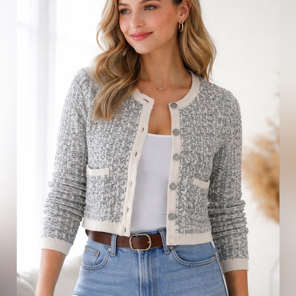 RW&CO. Cream and Gray Knit Cardigan